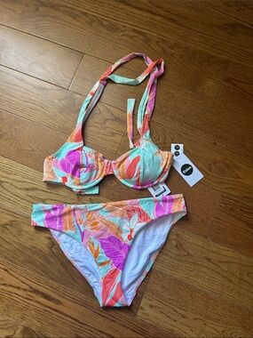 Eidon Tropical Leaf Underwire Bikini Set - Pink, Orange, Mint size Large
